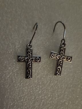 Hand Crafted Silver Cross Scroll Dangle Earrings